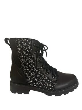 NEW SOREL Lennox Black Leather Lace Up Tweed Panel Lug Sole Combat Boot